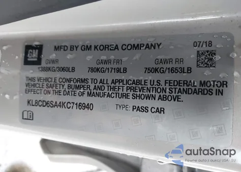 2019 Chevrolet Spark 1Lt Cvt from USA, damaged, VIN KL8CD6SA4KC716940